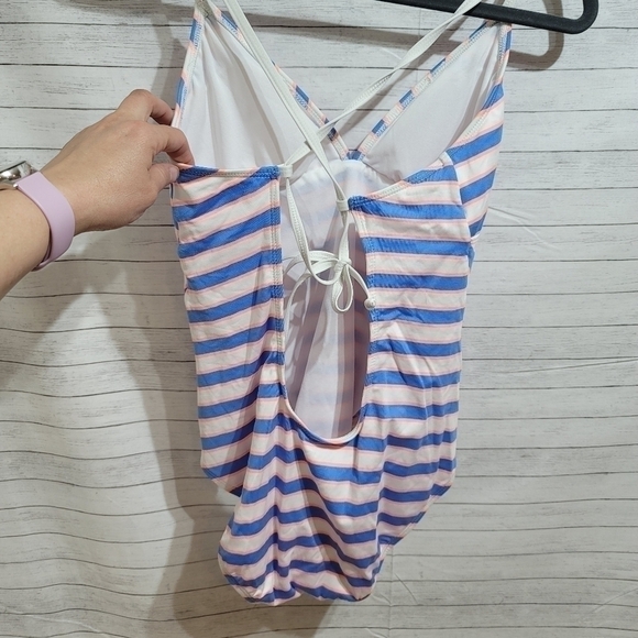 SPLENDID BLUE & NEON ORANGE STRIPED ONE PIECE SWIMSUIT, SZ LARGE, SUPER CUTE! - Picture 5 of 9